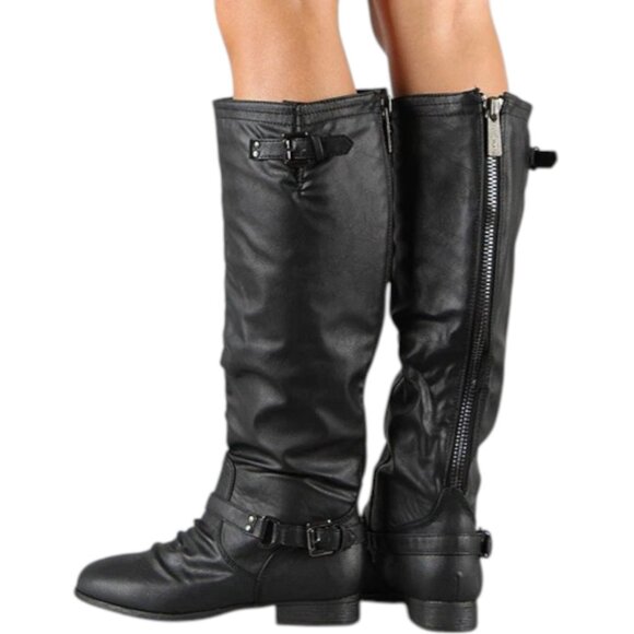 Faux Leather Buckle Detail Knee-High Equestrian-Inspired Fashion Riding Boots - Picture 1 of 8